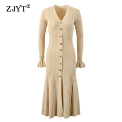 ZJYT Elegant Women's Flare Sleeve Bright Silk Knitting Sweater Dresses Autumn V Neck Single Breasted Midi Mermaid Dress Party