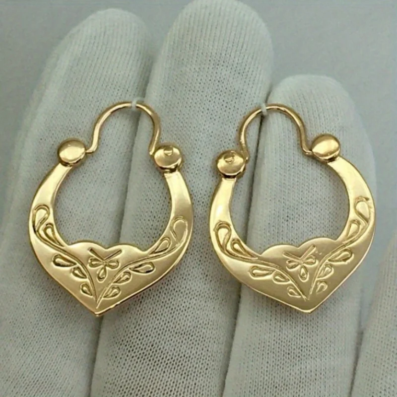 Vintage Classic Hand Carved Textured Golden Plated Hoop Earrings for Women Fashion Temperament Banquet Wedding Jewelry Accessory