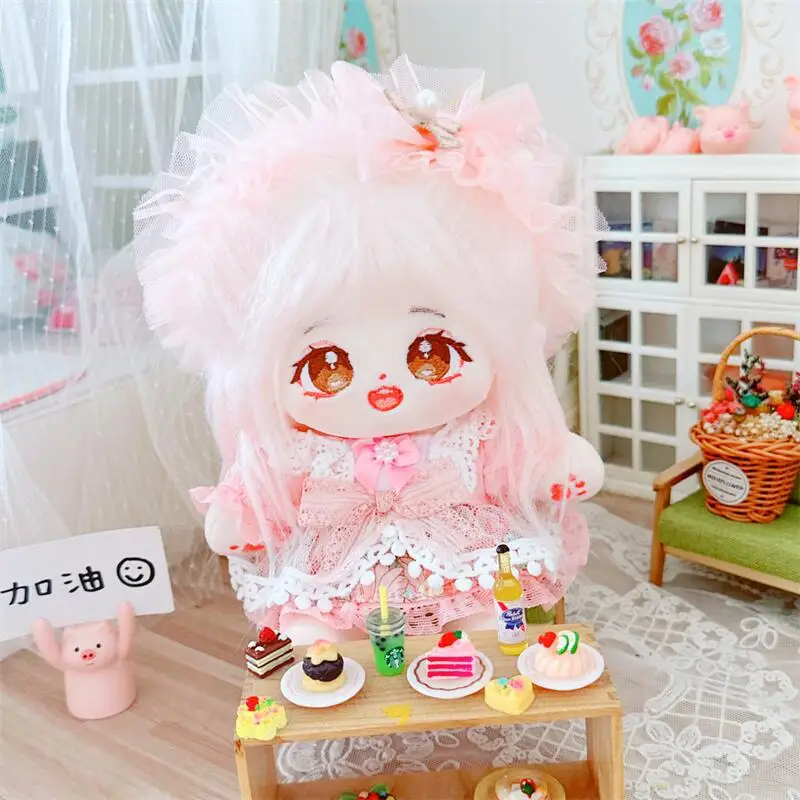 

Kawaii Pink Hair Girls Plush Doll Cute Pink Lace Dress Suit 2Pcs DIY Clothes Accessory Anime Stuffed Cotton Fat Body Dolls Toys