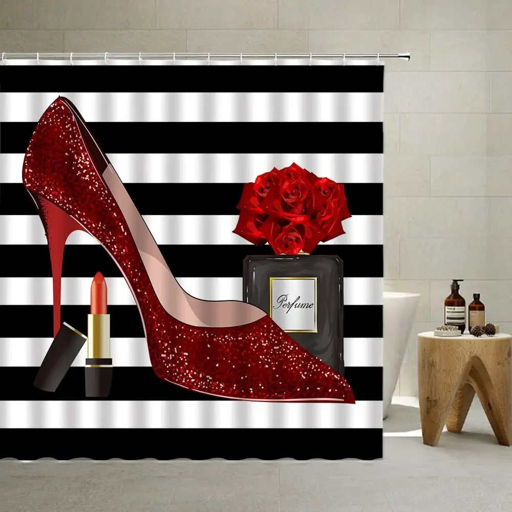 Diamonds Silver Gray High Heels Shoe Shower Curtain Modern Fashion Girl Black Bathroom  Sets Waterproof Polyester Fabric