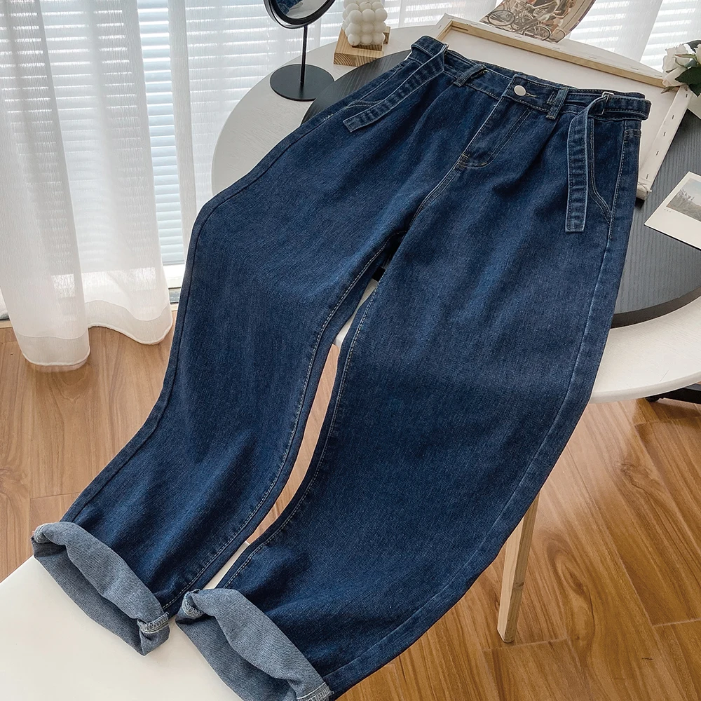 

Deep Blue Denim Straight Pants Women 2024 Spring Summer New Loose High Waisted Wide Leg Pants Korean Casual Jeans Trousers