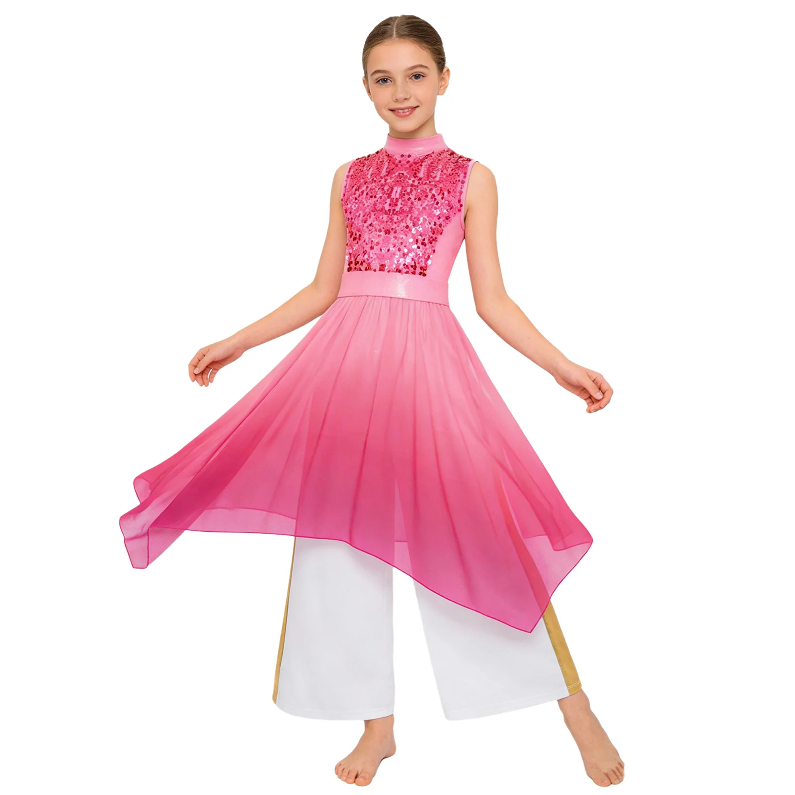 

Детский костюм для лирического танца и хорового пения для девочек: платье-туника из шифона с пайетками и брюки, современная танцевальная одежда для церкви