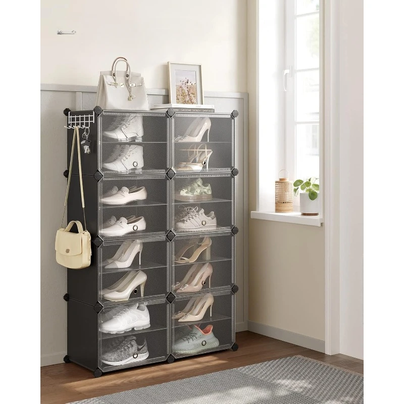 Shoe Rack, 8 Cubes Shoe Organizer with Doors, 32 Pair Plastic Shoe Storage Cabinet, for Bedroom, Entryway, Steel Fram