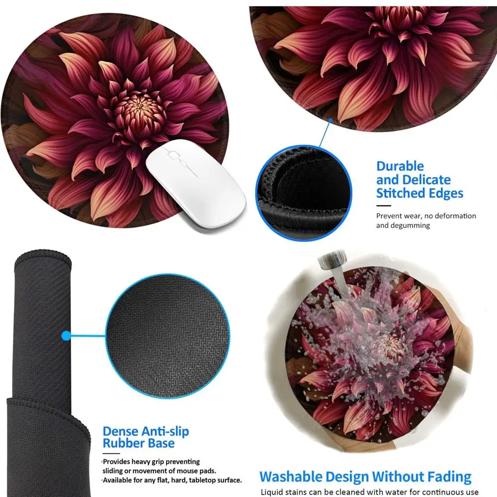 

Круглый игровой коврик для мыши с красным цветочным дизайном, 8 дюймов, повышенный комфорт, прочные прошитые края, противоскользящая резиновая основа, водостойкая