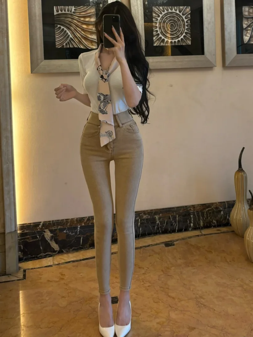 

Джинсы женские прямого кроя цвета шампань с высокой талией, эластичные, из хлопка, модные, больших размеров, повседневные брюки