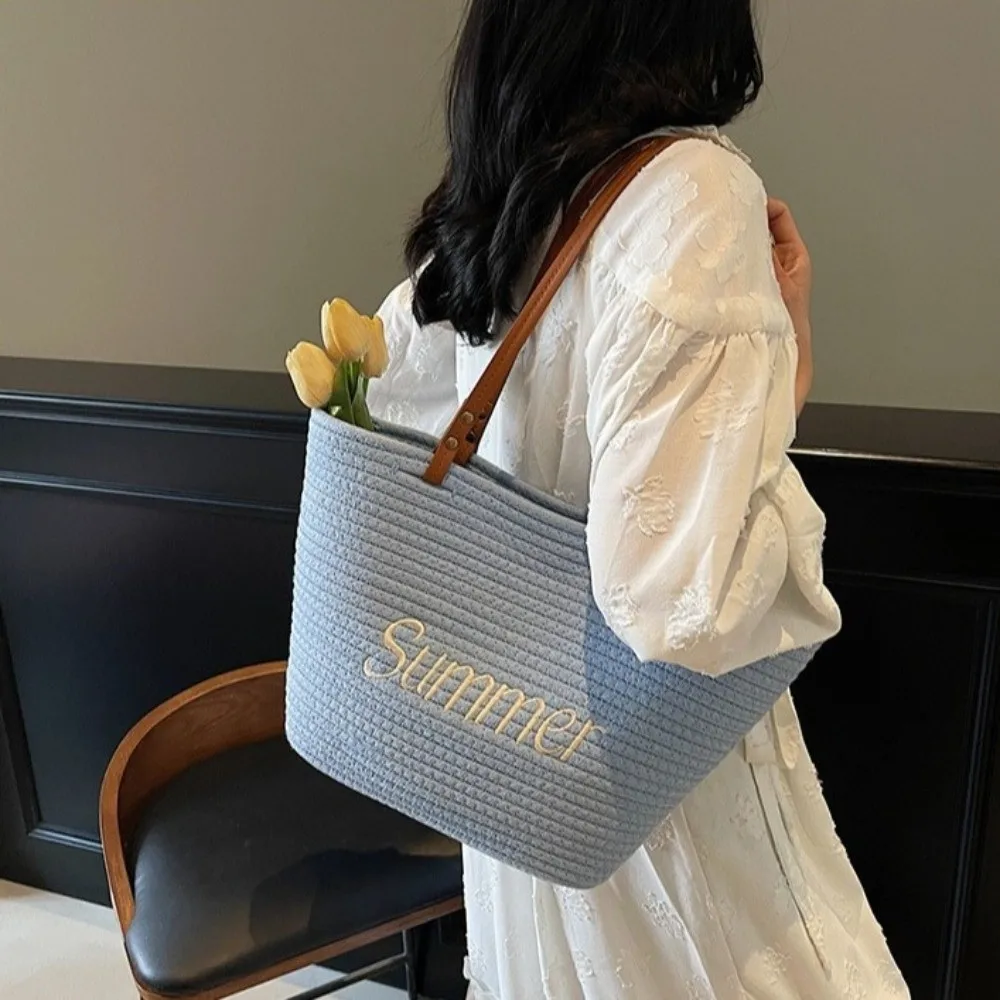 

Прочная женская сумка-тоут в корейском стиле, однотонная, плетеная, пляжная сумка-корзина, вместительная, из хлопкового шнура, для отпуска