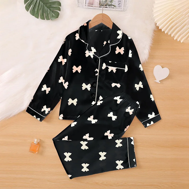 New Spring Girls Pajamas Solid Bow Print Faux Silk Sleepwear Sets Kids Breathable Button-Down Pyjamas Satin Set Child Nightgown