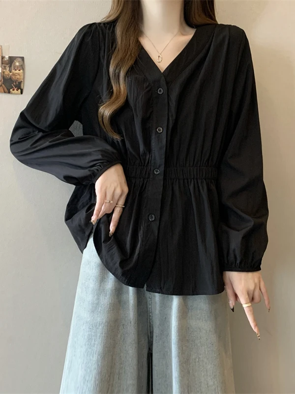 

V-Ne Long Sve женский irt осенний топ больших размеров с скрытым животом, тонкий плиссированный топ с кружевным подолом, корейский топ для поездок на работу