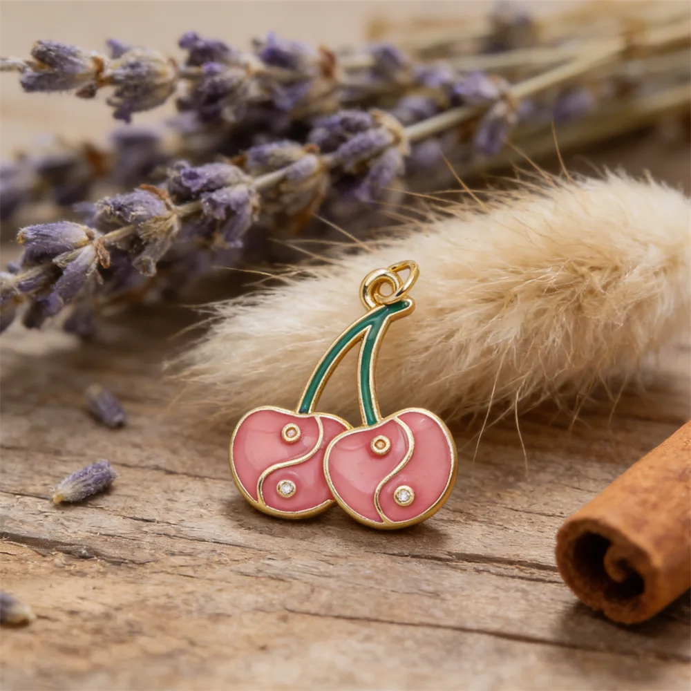 3Pcs Pendants Brass Enamel Cherry Charms for DIY Jewelry Necklace Bracelet Making Trendy Sweet Style Accessories for Men Women