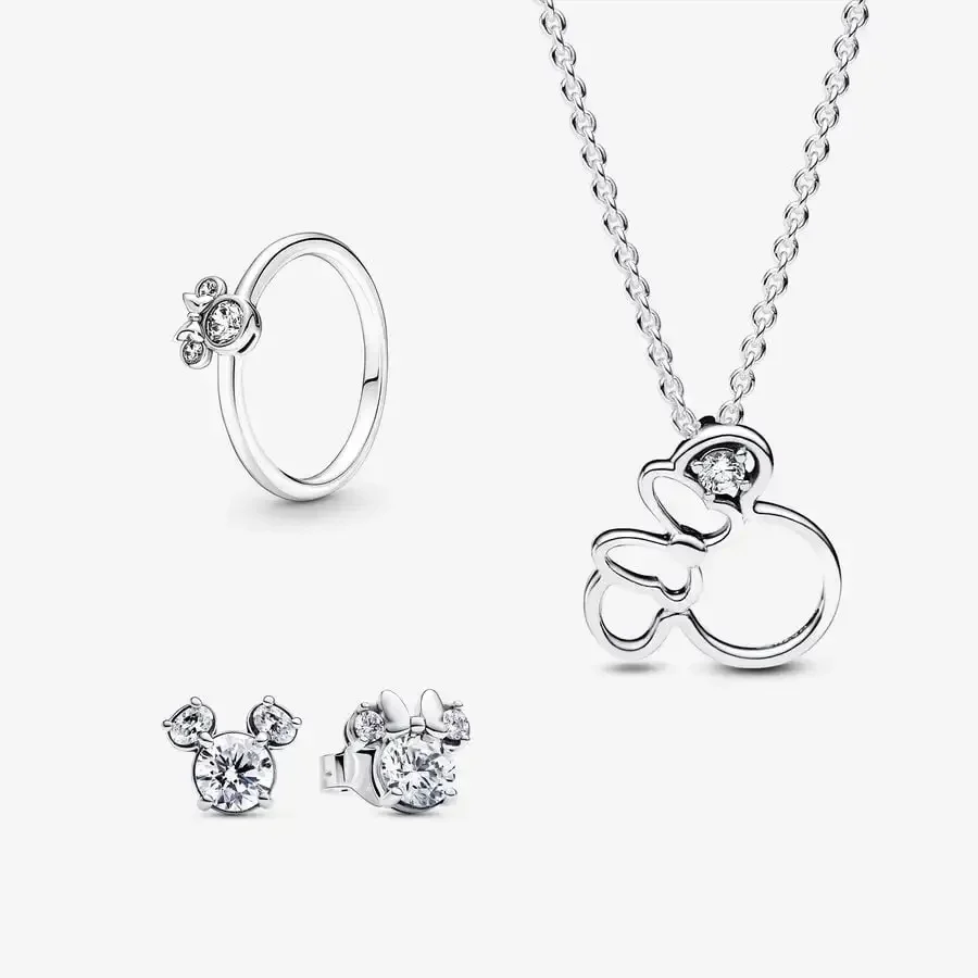 925 Sterling Silver Charm MINISO Disney Mickey Minnie Mouse Silhouette Collier Necklace Sparkling Jewellery Set Wommen gift