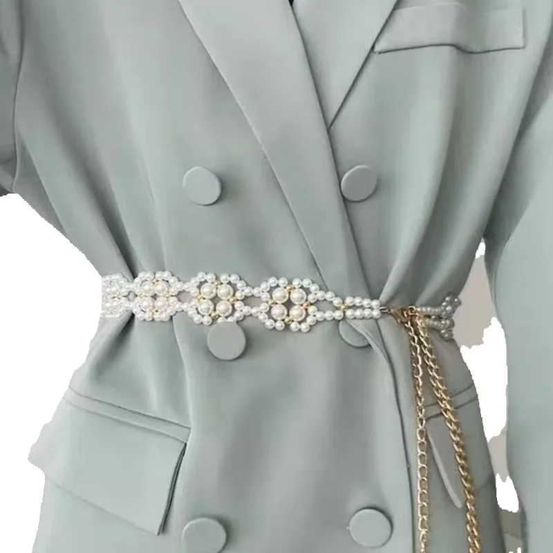 French Mesh Hollow Pearl Belt Adjustable Elegant Tassel Fashion Slim Waist Belt Summer Formal Wear Accessories Pearl Belt