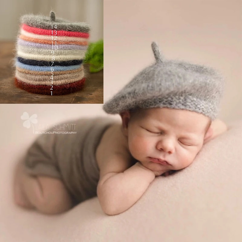 Newborn Photography Accessories Cute Hand-woven Crocheted Berets Soft Mohair Bonnet Single Hats Decor Baby Photoshoot Props