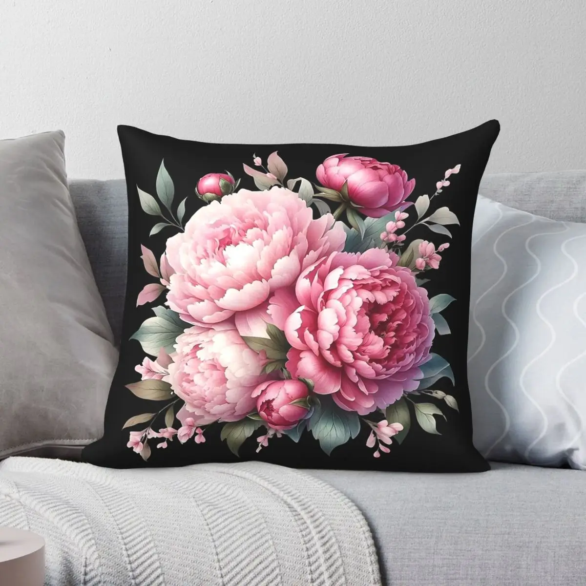 Gorgeous Pink Peonies Pillowcase Polyester Linen Velvet Creative Zip Decorative Sofa Seater Cushion Cover