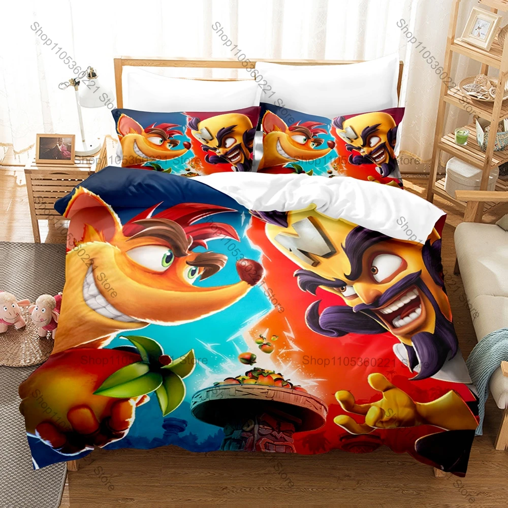 Crash Bandicoot Bedding Set Includes Duvet Cover + 2 Pillowcases Retro Platform Game Cartoon Character Bedroom Decor For Gamers
