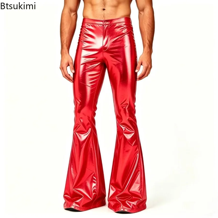 New Men Metallic Shiny Flared PantsSexy Stage Costume Elastic Waistband Bell Bottom Trousers Long Pants 70s Party Show Clubwear view 2