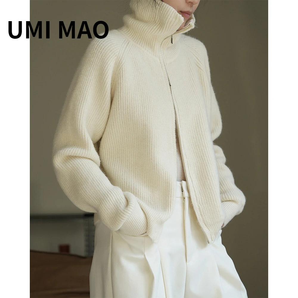 

UMI MAO Harajuku Winter New Korean Slouchy High Neck Shoulder Drop Knitted Cardigan Double Zipper Loose Slim Fashion Top Women