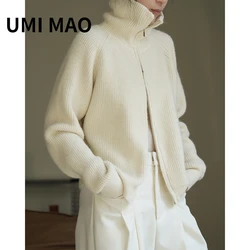 UMI MAO Harajuku Winter New Korean Slouchy High Neck Shoulder Drop Knitted Cardigan Double Zipper Loose Slim Fashion Top Women