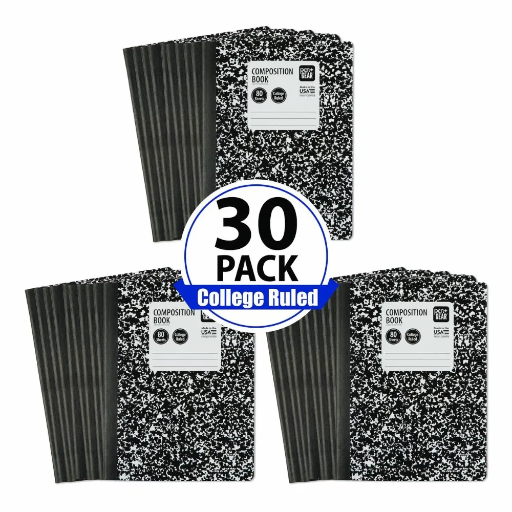 College Ruled Composition Notebook Bulk Pack 100 Sheets 30 Books Black White Marble Covers Wide Ruled Paper for School Office Writing Journaling Subjects
