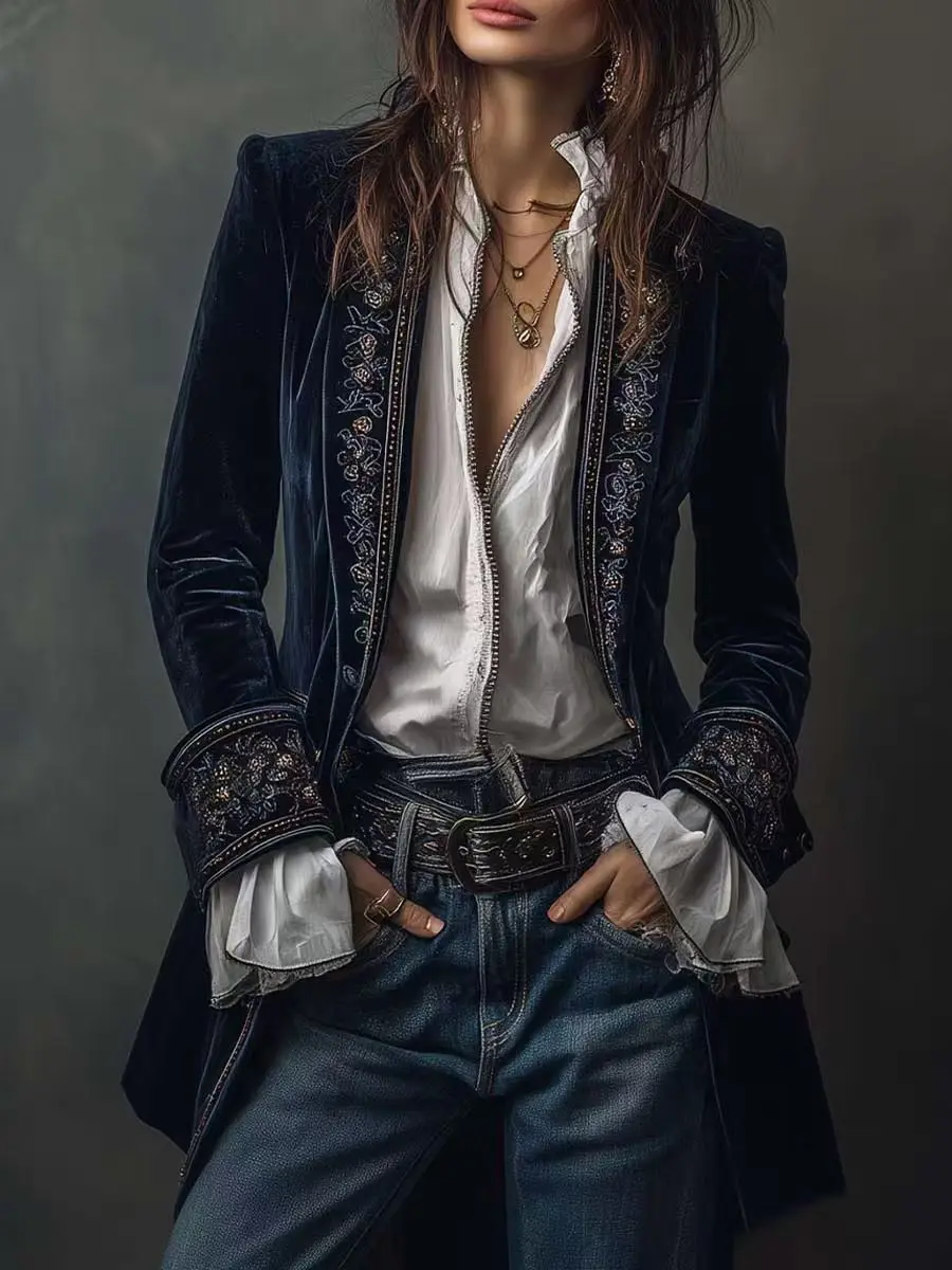 

Retro Women's Jacket Loose Casual Temperament Fashion Printed Palace Style Jacket Long Sleeves Spliced ​​gold Velvet Outerwears