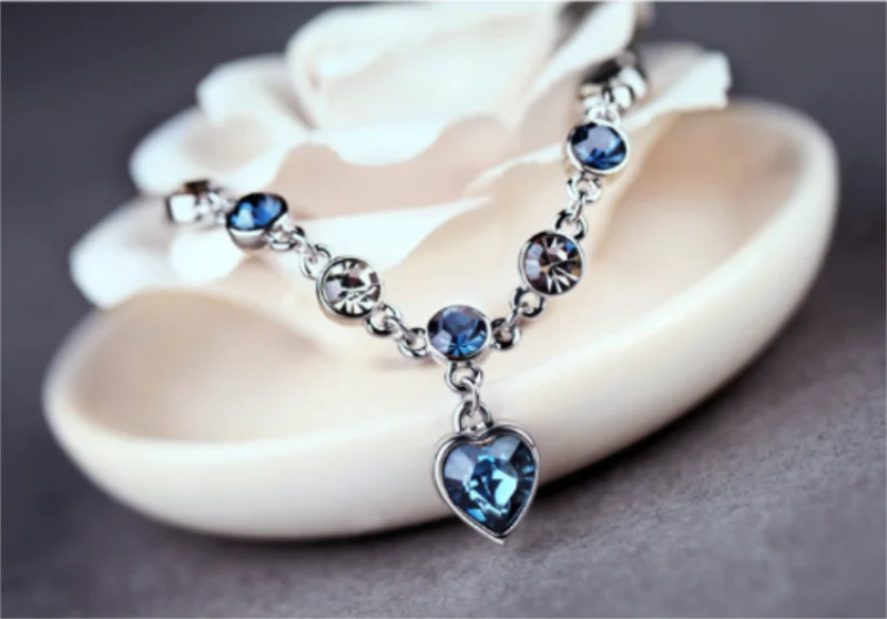 Luxury Ocean Heart Blue Crystal Bracelet for Women Blue Cubic Zirconia Love Charm Bangles Anniversary Valentines Day GiftJewelry