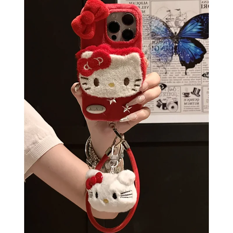 Sanrio Hello Kitty Lovely Plush Cartoon Bow Phone Case For iPhone16 15 14 13 12 11ProMax Plus Y2K Girl Cute Anti Fall Back Cover