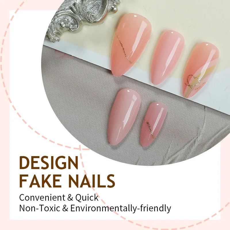 24pcs Pink Glitter Golden Line Love Press on Nails Manicure Wearable Nail for Women and Girls False Nail