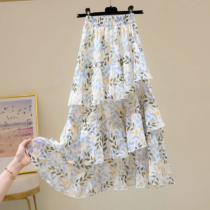 Midi Skirt Women Sweet Print Elastic Waist Chiffon Skirts Korean Fashion Irregular Ruffles Summer  A-Line Skirt S-2XL