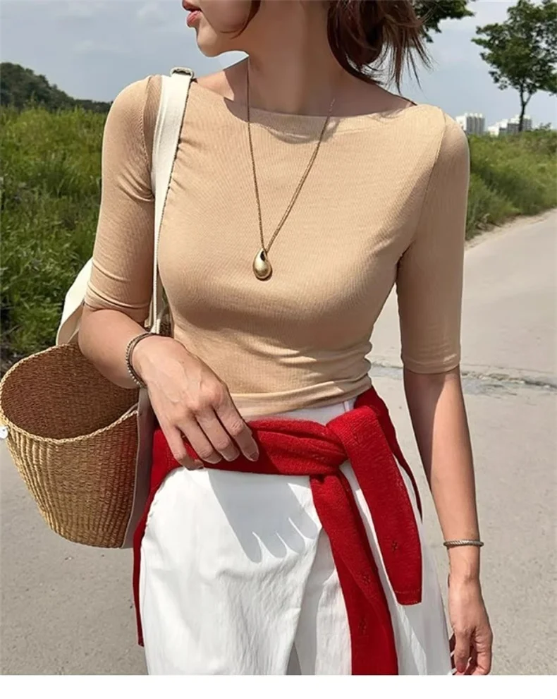 Sexy Halbarm Slim Fit Tees Koreanische 2026 Sommer Trendy Slash Neck Frauen T-shirts Off-schulter Feste Beiläufige Vielseitige top – Detail 4