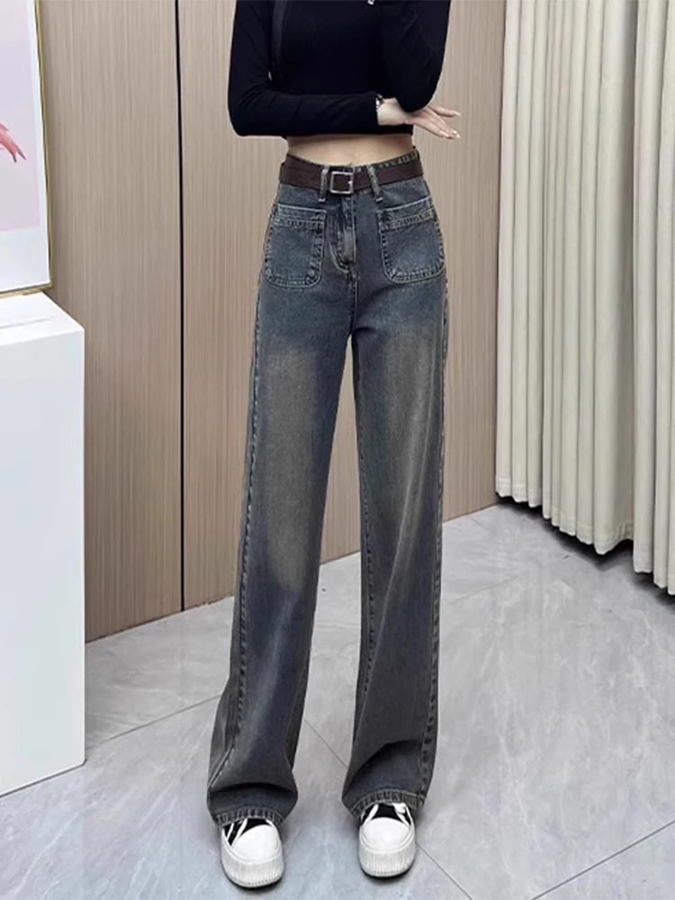 

High Waist Wide Leg Jeans Women's Spring Autumn Cement ey Loose Fit Straight Leg Pants Slimming Effect Long Zipper Closure