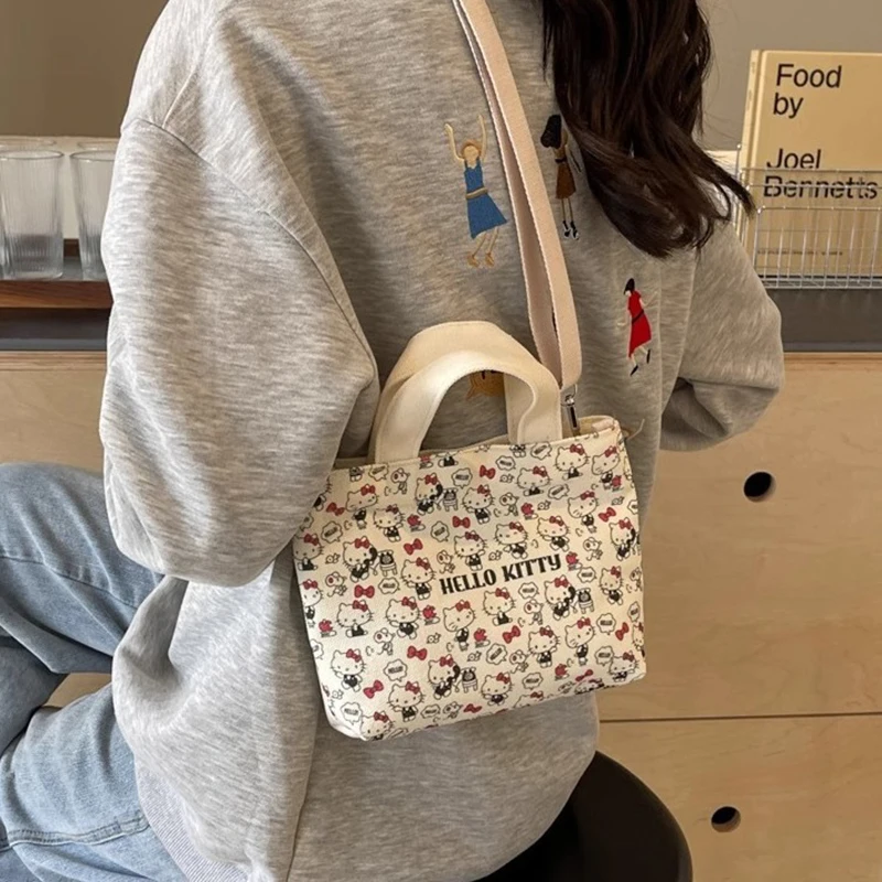 

New Sanrio Kawaii Anime Hello Kitty Handbag Cute Sweet Cartoon Large Capacity Canvas Bag Lovely Shoulder Bag Gifts for Girls