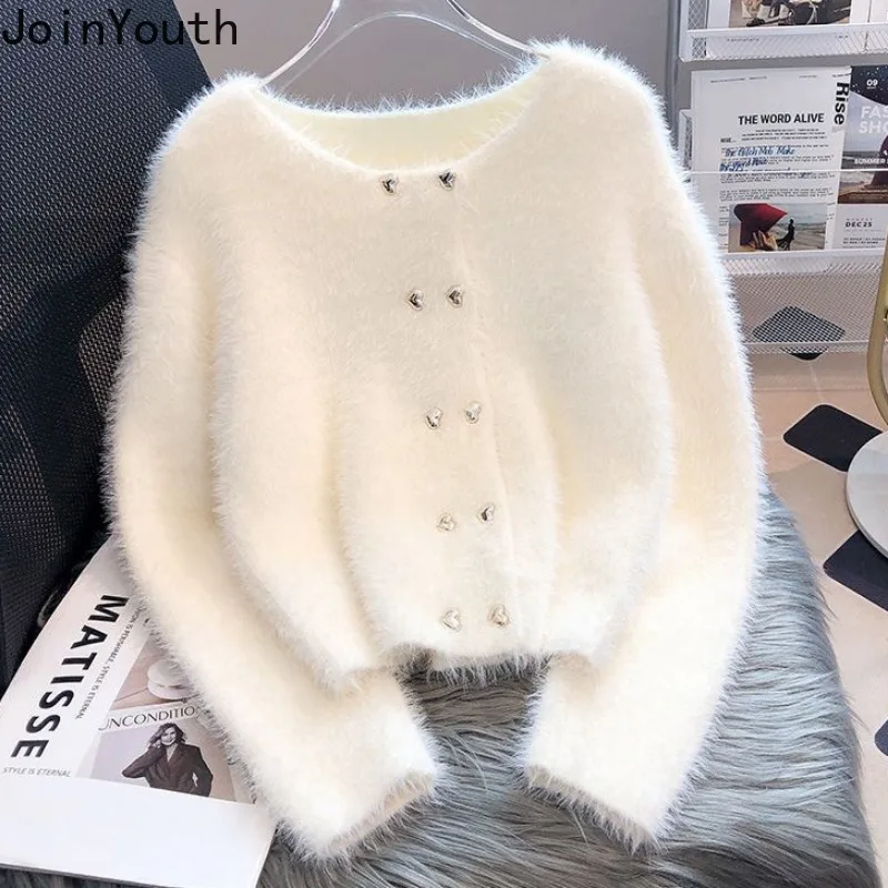 Soft Furry Cardigan Women Winter Clothing Thicked Double-breasted Pull Femme Fashion Sweet Knitting Cropped Tops Sweater Jackets