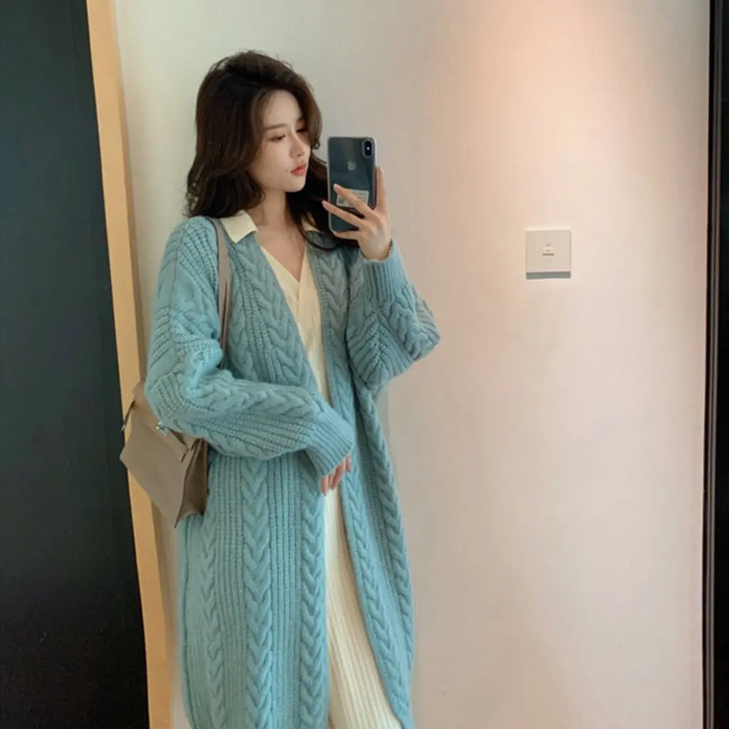 

Women's Autumn Winter Lazy Style Fashion Cardigan Mid-Length Knitwear Jacket Twist Thick Loose Korean Style Top