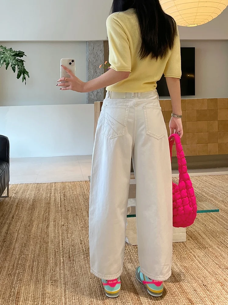 

Женские джинсы с высокой талией и широкими штанинами, свободного кроя, без стрейча, белые, укороченные (длиной 7/8), модель «Нож», весна 2026, для повседневной носки, машинная стирка