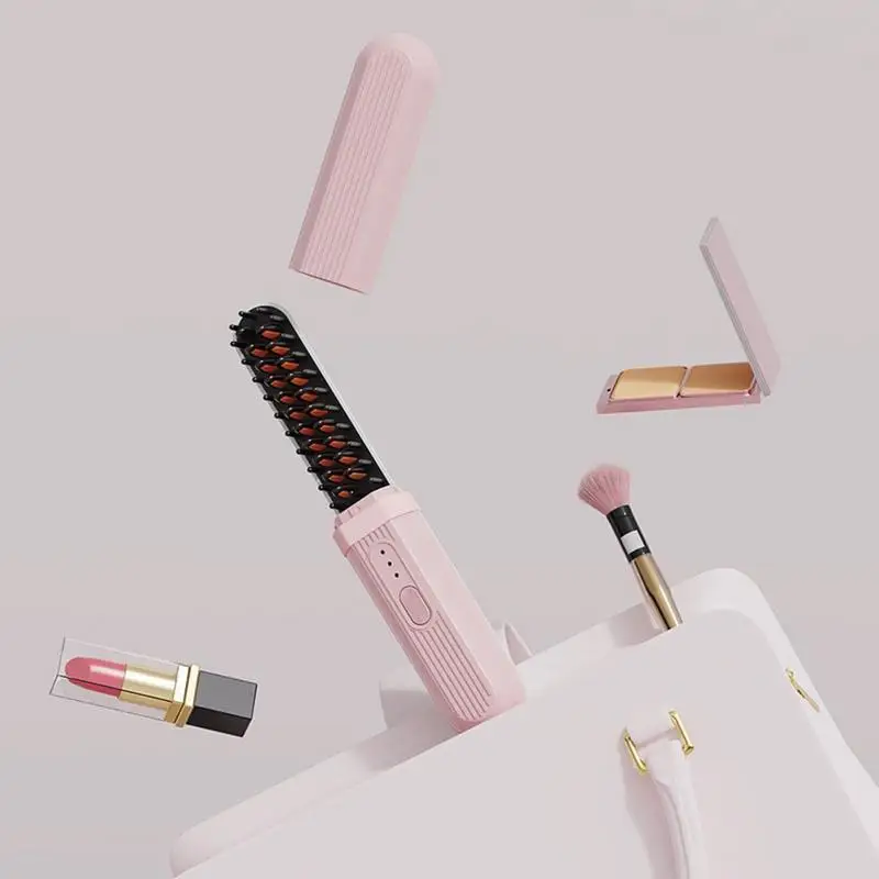 مشط تمليس الشعر اللاسلكي من السيراميك، مشط تسخين لاسلكي مدمج قابل لإعادة الشحن، فرشاة حرارة محمولة للسفر، 3 درجات حرارة