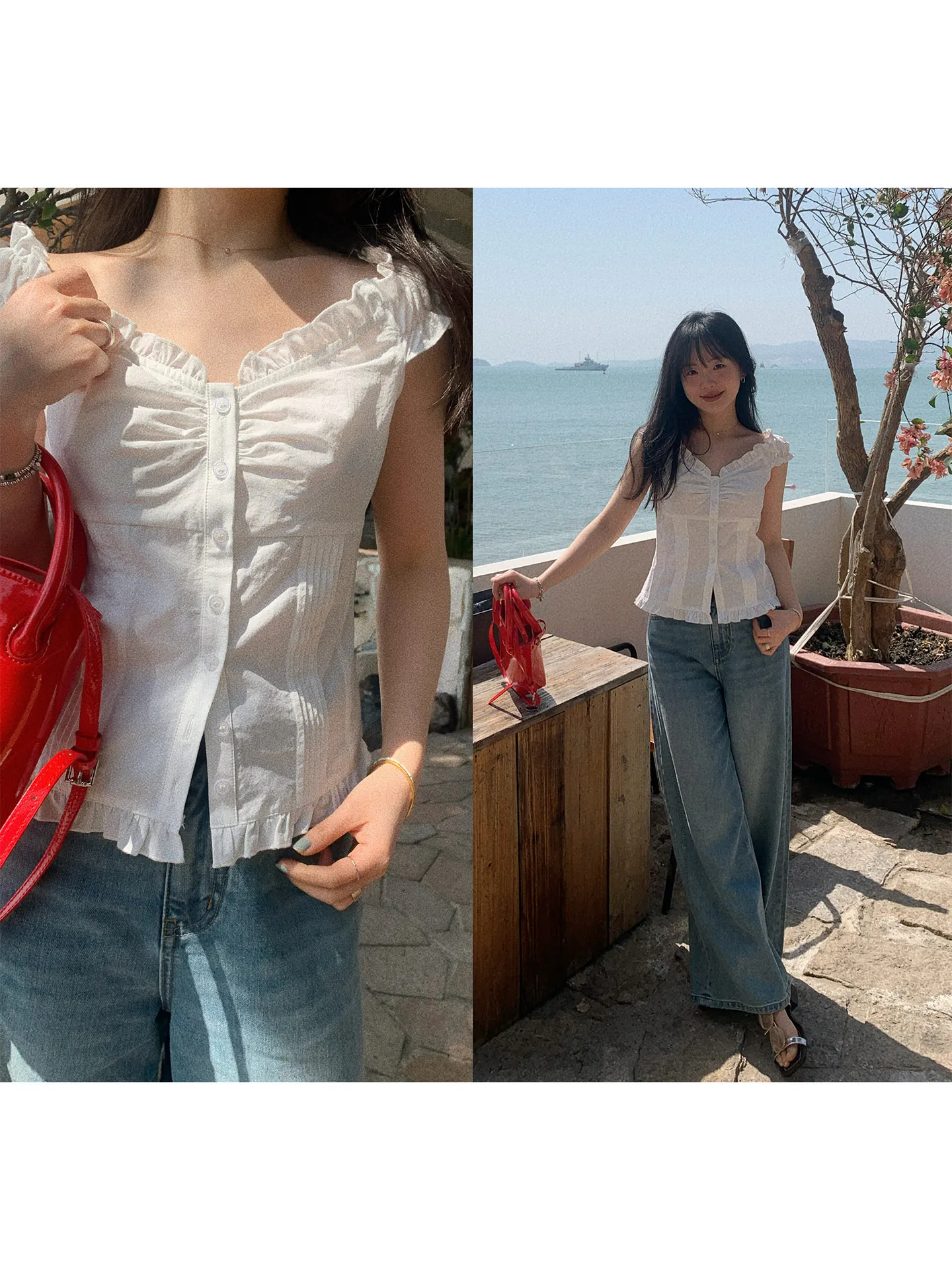 

Slim Fit Short Sleeve V-Neck White Pure Desire Shirt Women Summer Short Top Korean Style Cotton 100% Floral Pleated Skirt