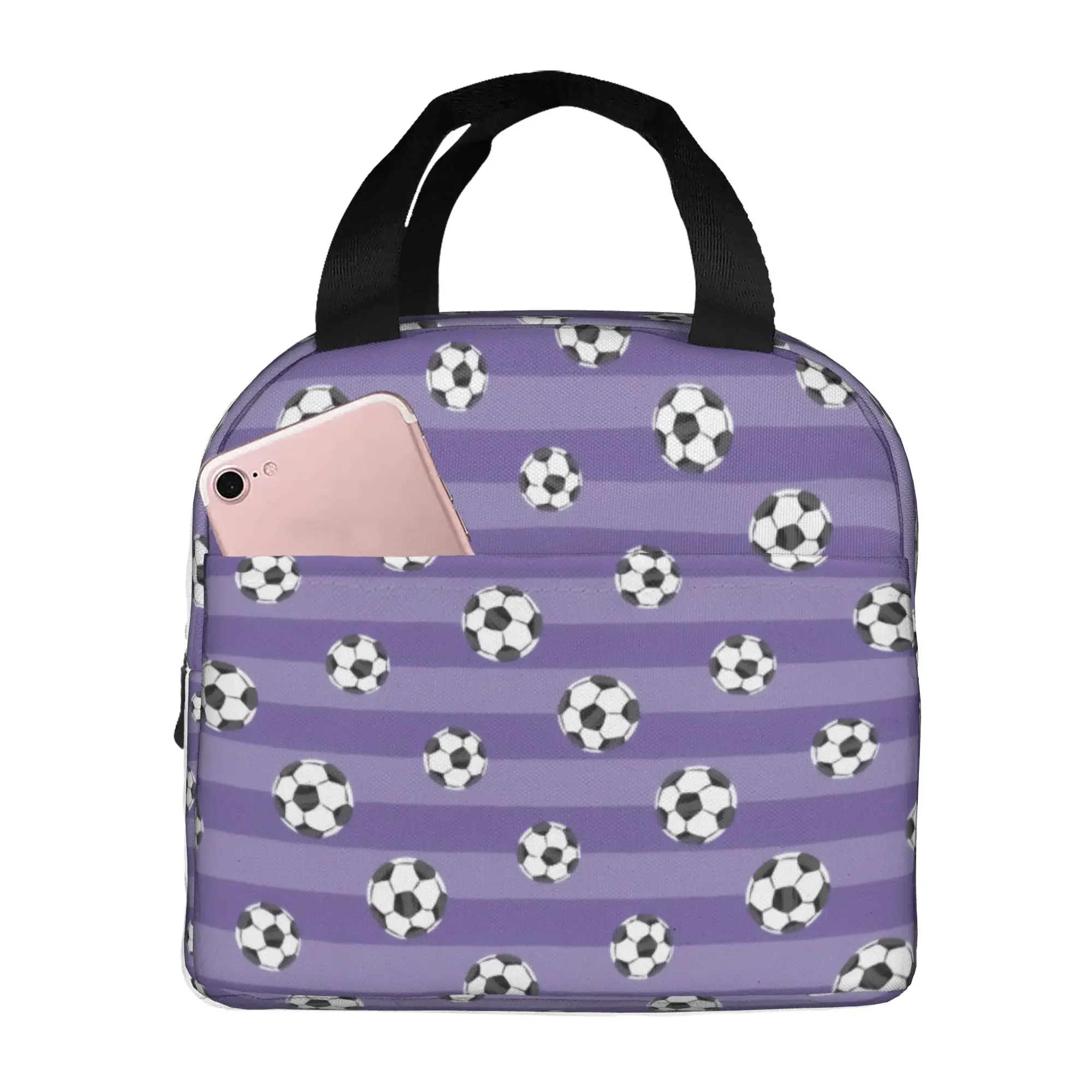 Soccer Balls On Purple Stripe Thermal Insulated Lunch Bag Women Footbally  Resuable Lunch Container for School  Storage Food Box