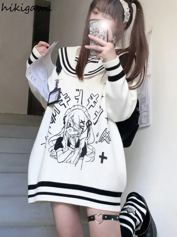 Sailor Collar Cute Oversized Pullovers 2024 Winter Women Clothing Japanese Jumper Sueter Mujer Anime Sweet Knitted Sweater Tops