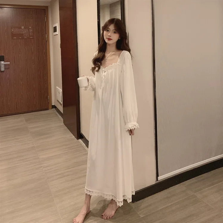 Langarm-Nachthemd im Prinzessinnen-Stil, Damen-Pyjama, Spitze, Palast, koreanische Version, locker, Übergröße, 2024, neue Homewear, Geburtstagsgeschenk – Detail 11