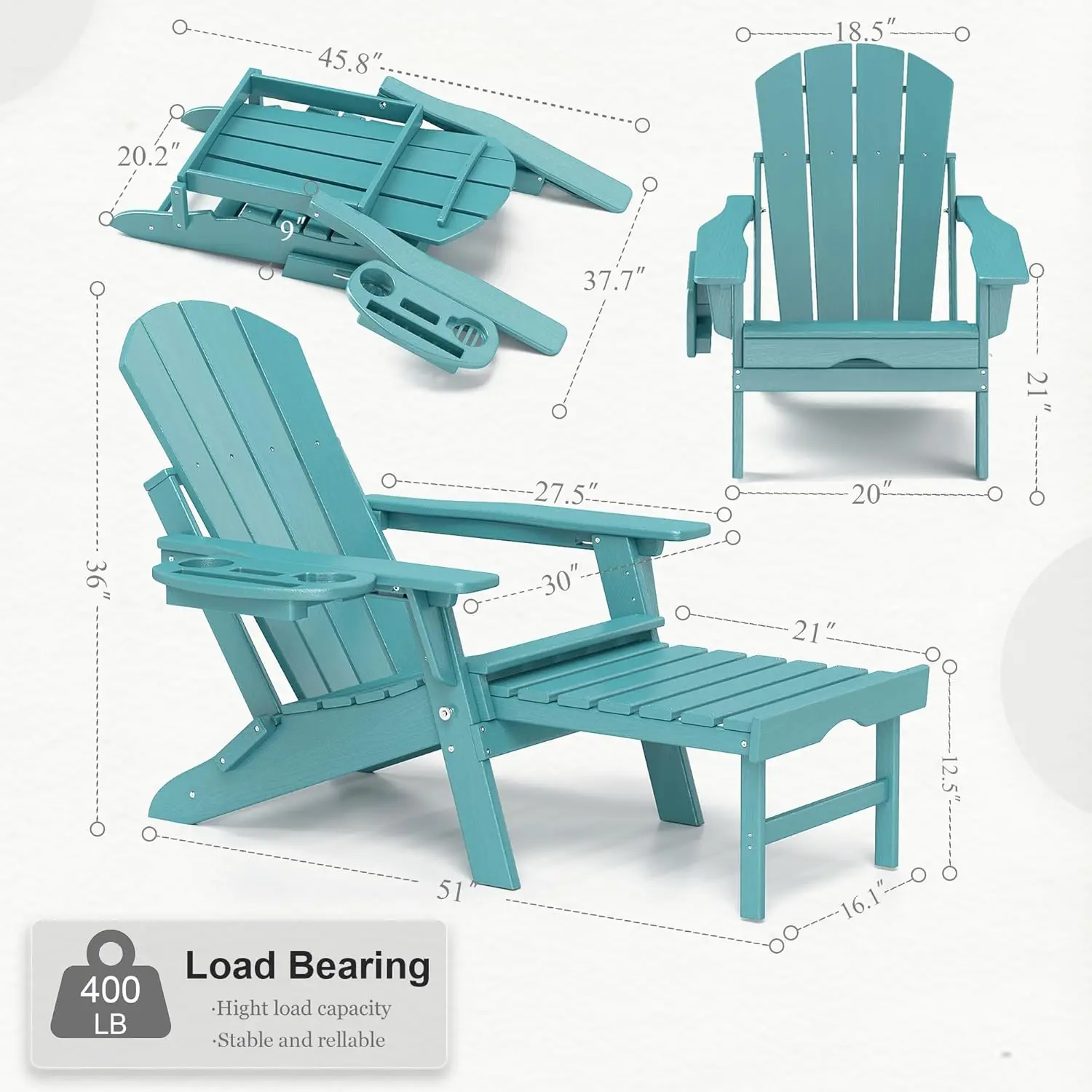 Adjustable Adirondack Chair with Retractable Ottoman Set of 2, HDPE Folding Adirondack Chair with Cup Holder, All Weather Fire
