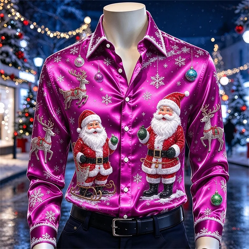 New men's shirt with bright purple Santa Claus, deer, hanging ball, snowflakes, 3D printed Christmas shirt