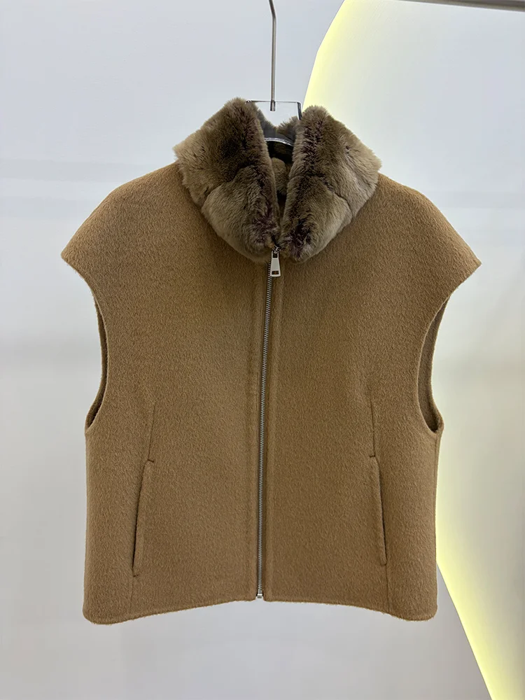 Women Winter Real Rex Rabbit Fur Collar Vest Natural Fur Coat Outwear Wool Cashmere Outwear Female  Waistcoat