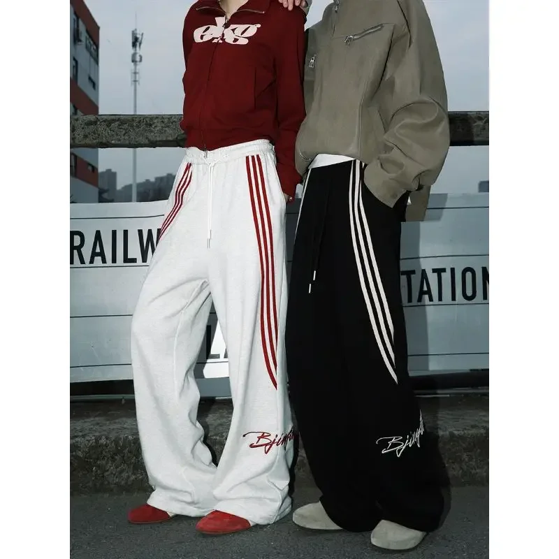 American Retro Pants Men Women Striped Letter Embroidery Solid Color Casual Pants Summer New Straight Loose Hundred Sports Pants