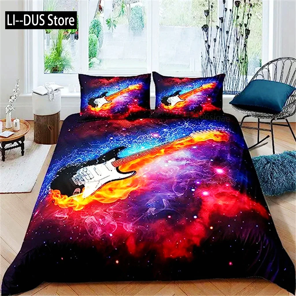 

3D Rock Music Themed Guitar Colorful Duvet Cover Fire And Water Bedding Set Modern Gorgeous Microfiber Polyester For Boy Gifts