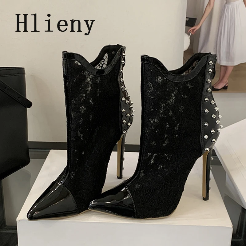 

Hlieny, осенние новые дизайнерские ботильоны с заклепками и молнией, женские туфли на тонком высоком каблуке с острым носком, модные короткие Botas De Mujer