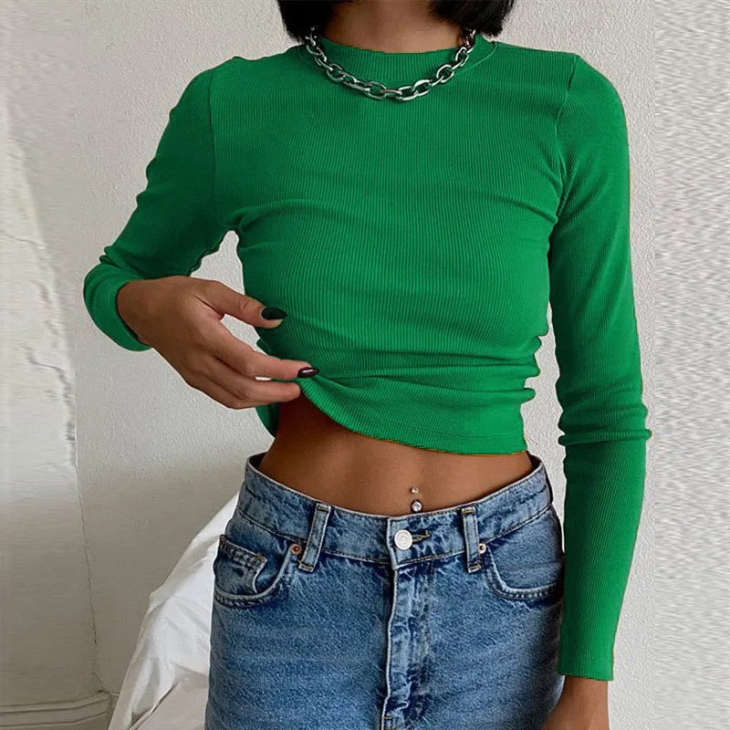 Ribbed round neck solid color base T-shirt women's bright color spring fashion exposed navel tight long sleeved top