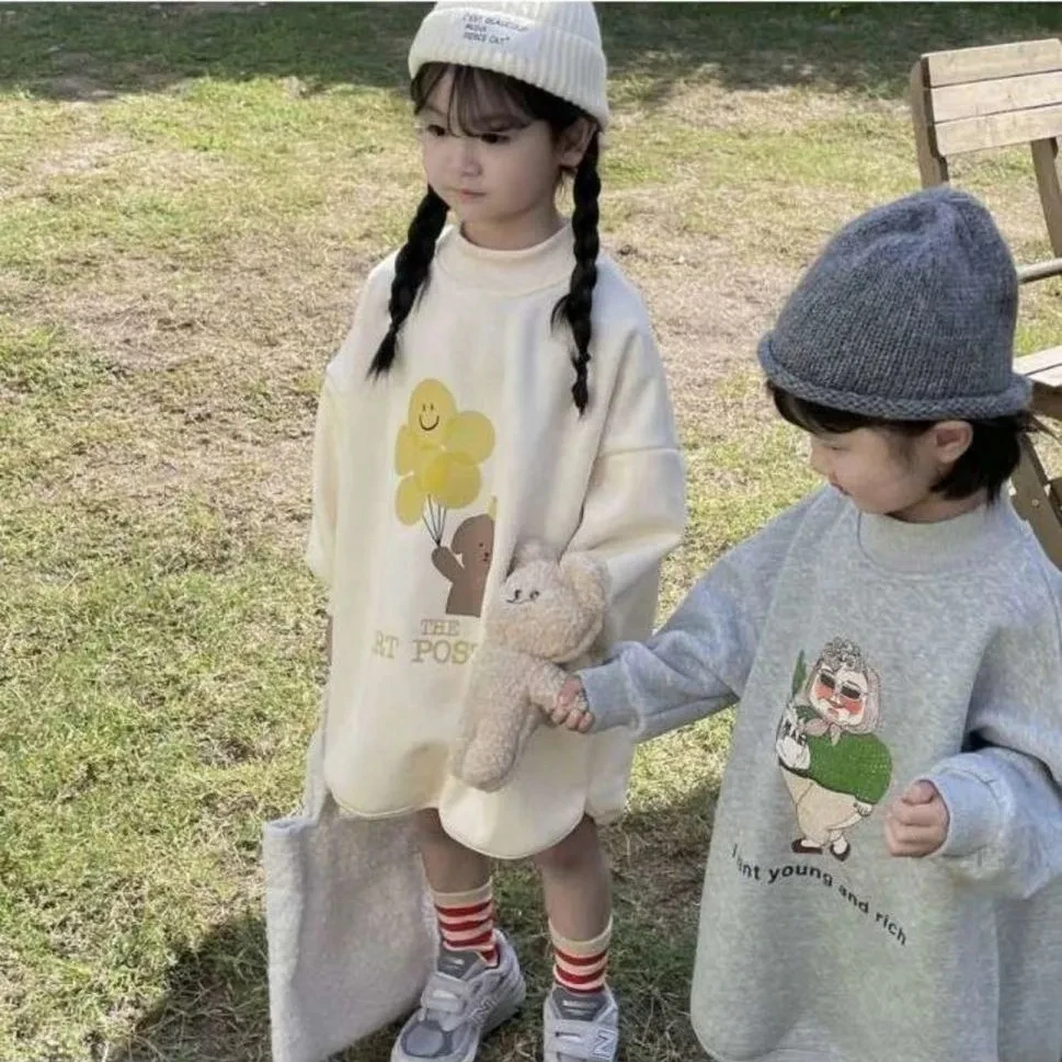 Autumn Toddler Baby Velvet Hoodies Dress Kids Sweatshirt Cartoon Long Sleeve Dresses for Girls Fall Casual Dress Outfits 2 3 4 5