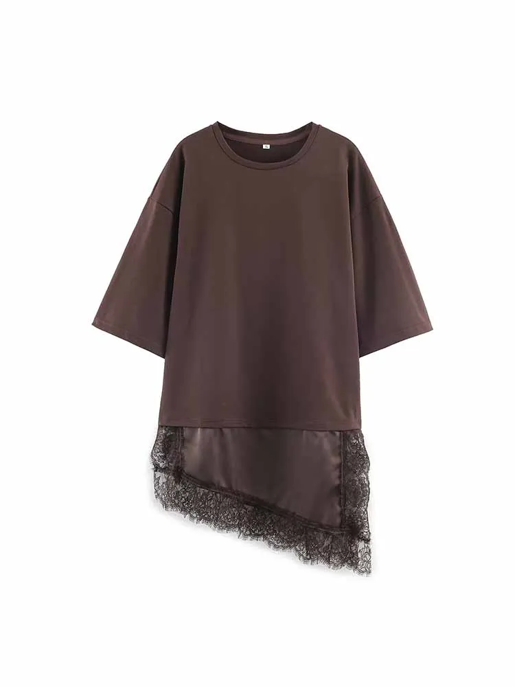 

Новая модная женская одежда в европейском и американском стиле: простая и свободная. ​ ​ Футболка с кружевной отделкой/асимметричный топ.