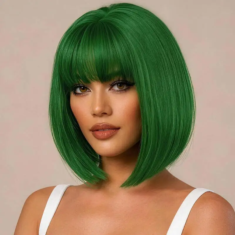 12-inch synthetic high-saturation green straight wig, thick and blunt bangs, colorful short hair, creating a trendy girly look.