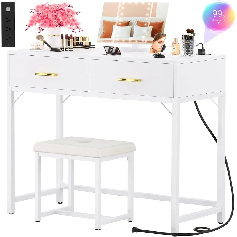 Vanity Desk with Charging Station, White Makeup with Lighted Mirror,Tri-Fold,Small Vanity Set with Drawers and 3 Outlets & 2 USB