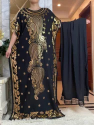 2024New Summer Loose Short Sleeve Cotton Robe Gold Stamping  Boubou Maxi Islam Femme Dress With Big Scarf African Abaya Clothes